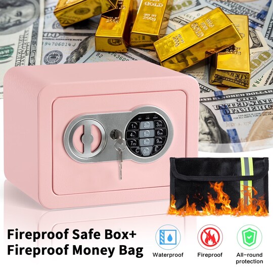 0.2 Cu Ft Digital Safe Box, Small Electronic Security Safe with Keypad & Backup Keys, Steel Home Safe for Cash, Jewelry & Valuables, Hidden Mini Safe for Home Office (Pink)